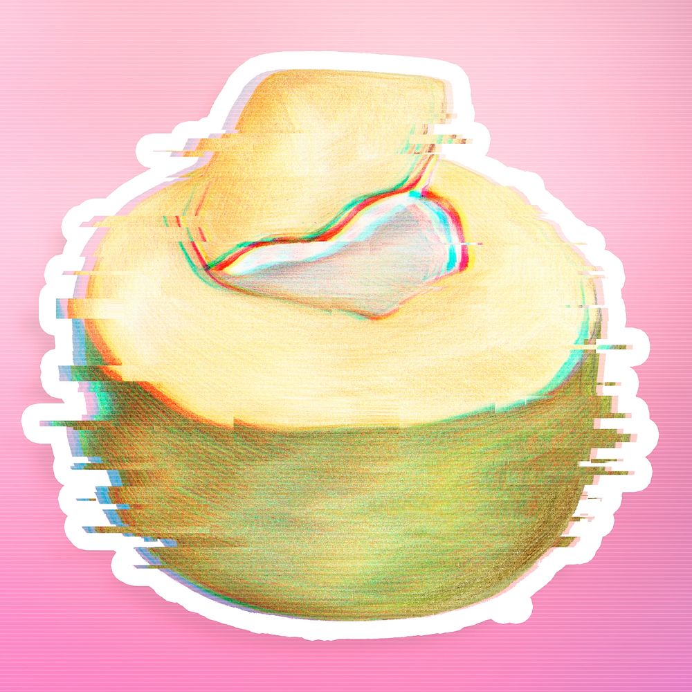 Coconut with a glitch effect sticker overlay with a white border