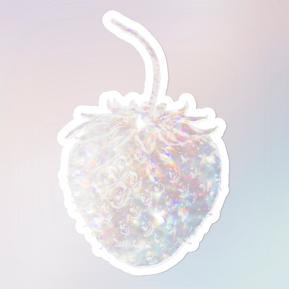 Sparkling silver strawberry holographic style sticker illustration with white border