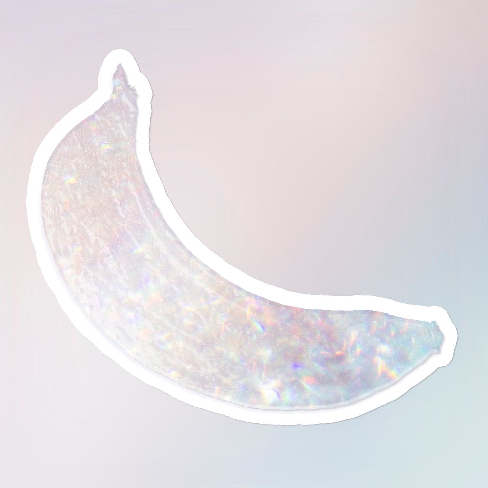 Sparkling silver banana holographic style sticker illustration with white border
