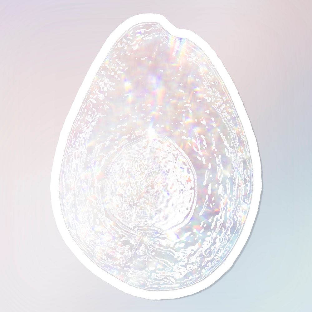 Sparkling silver avocado holographic style sticker illustration with white border