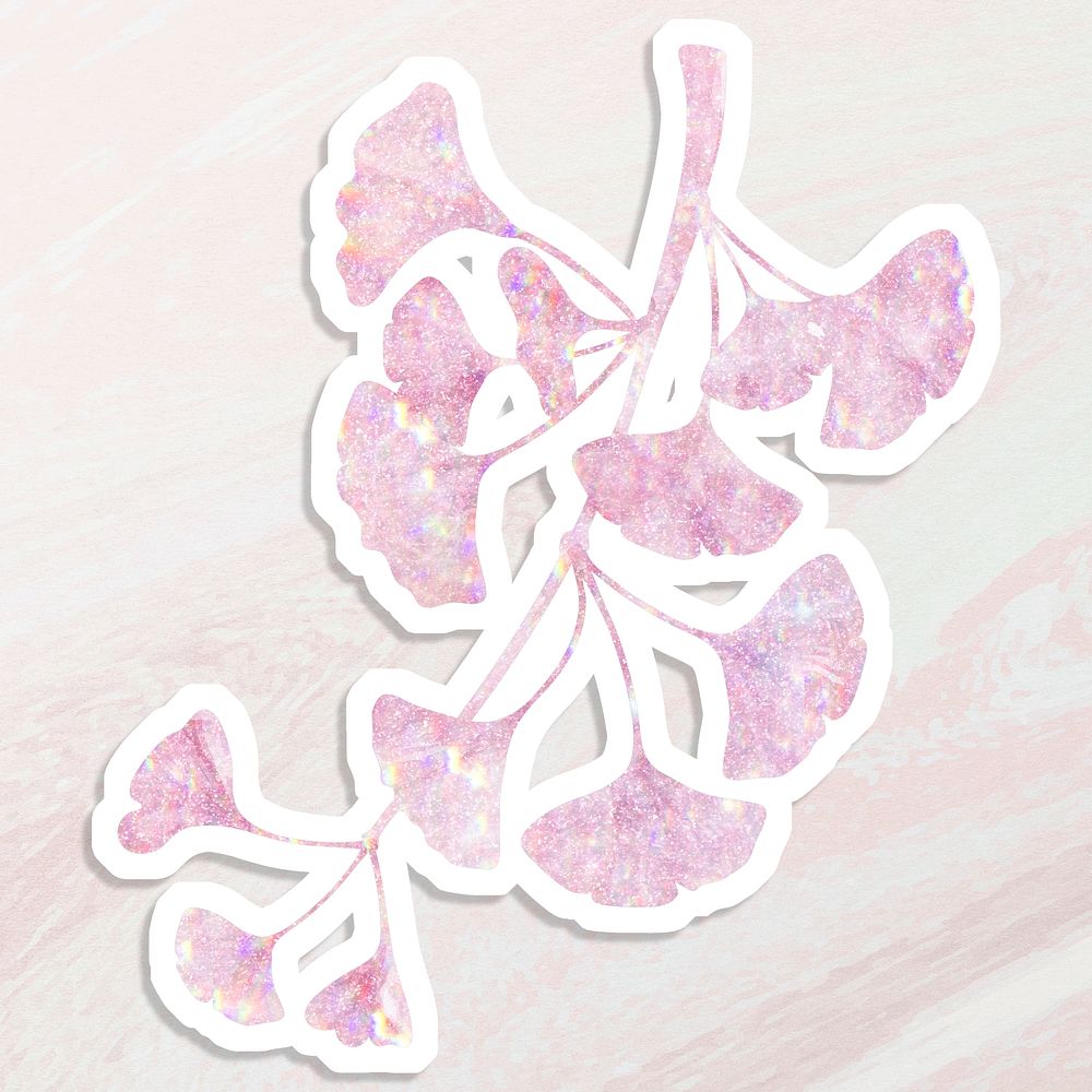 Pink holographic ginkgo branch sticker with white border