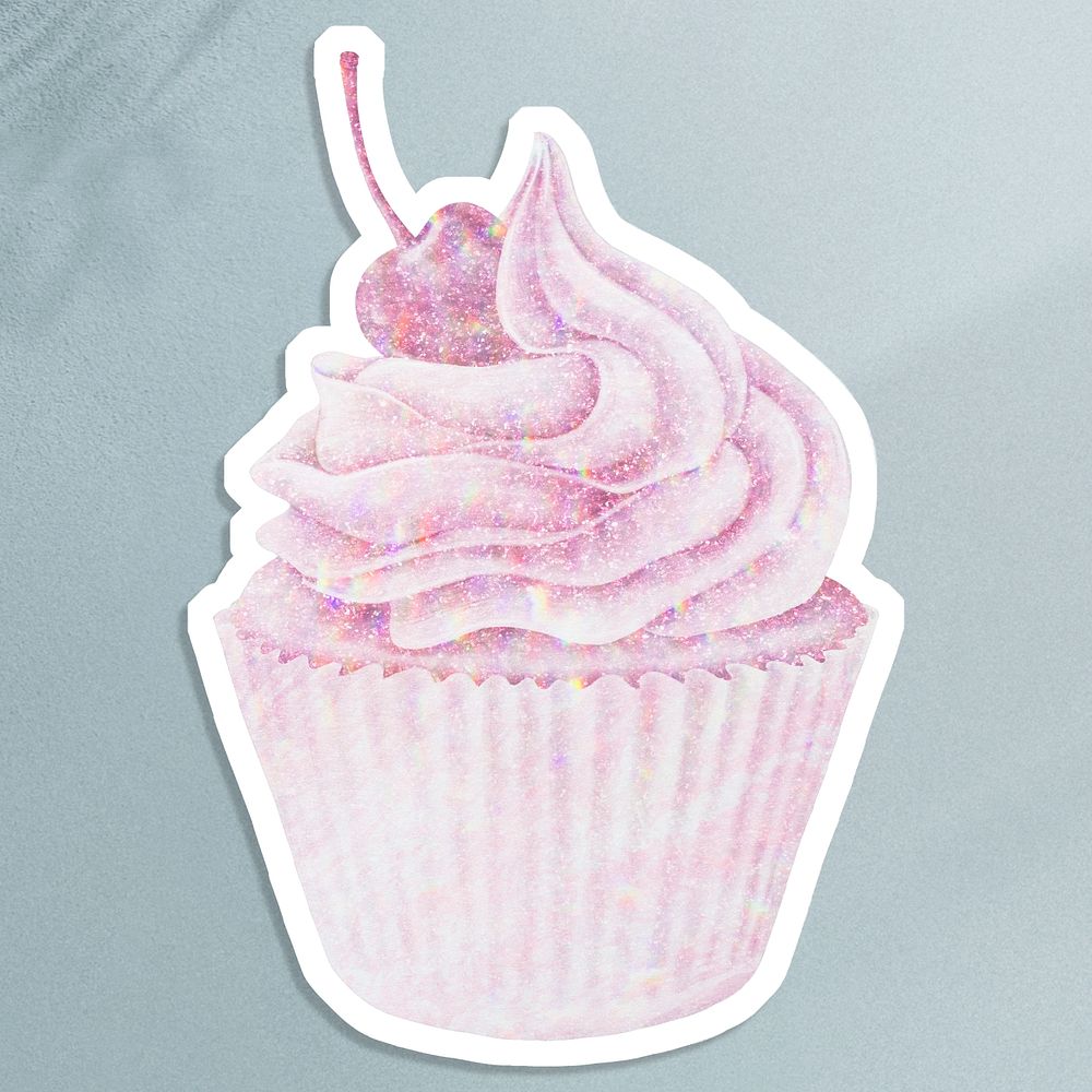 Pink holographic cherry cupcake sticker with white border