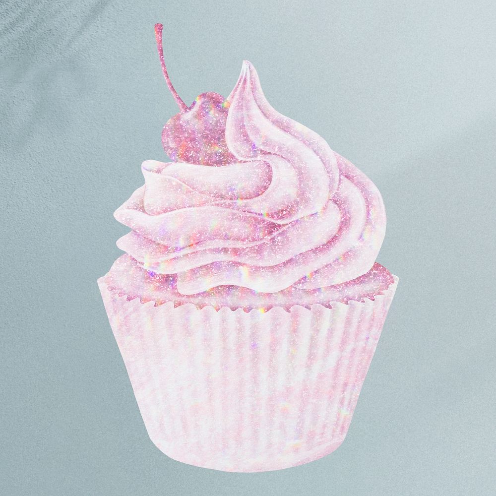 Pink holographic cherry cupcake design element