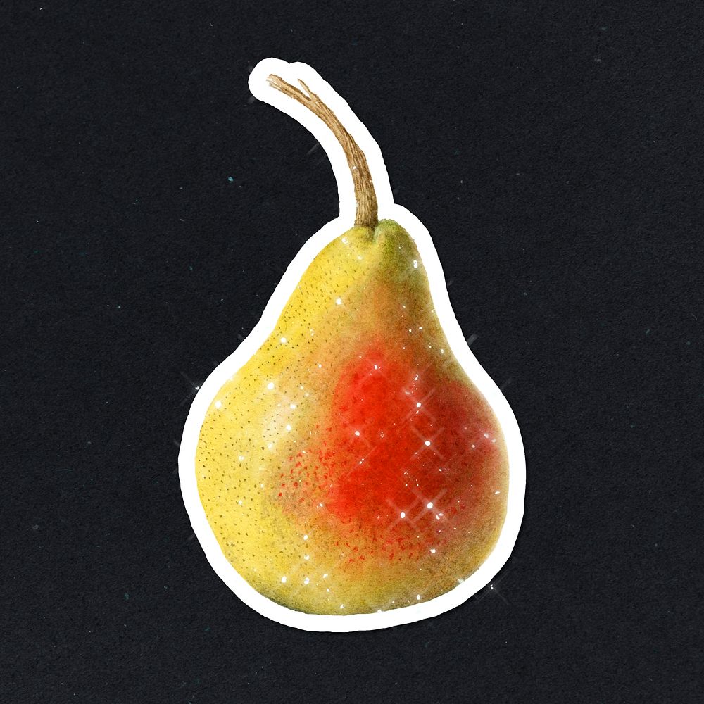 Hand drawn sparkling pear fruit sticker with white border