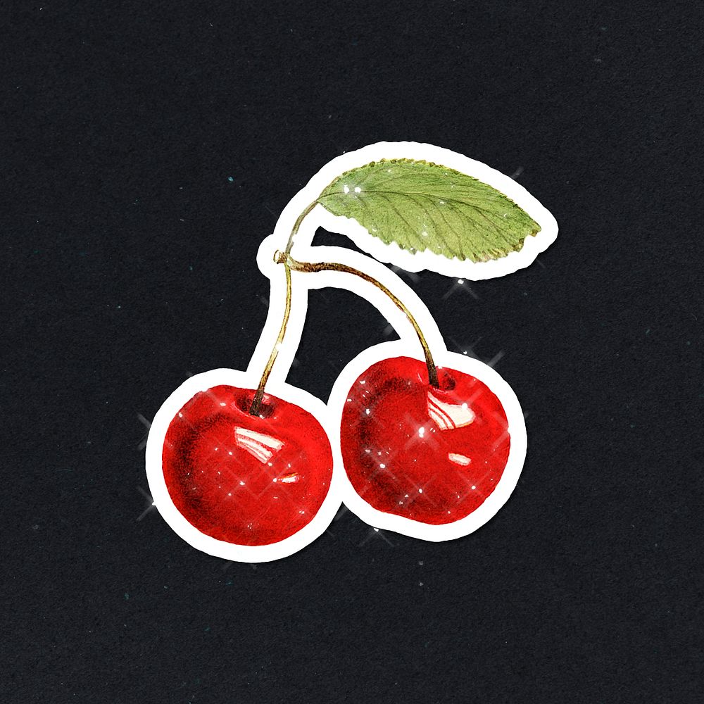Hand drawn sparkling cherry fruit sticker with white border