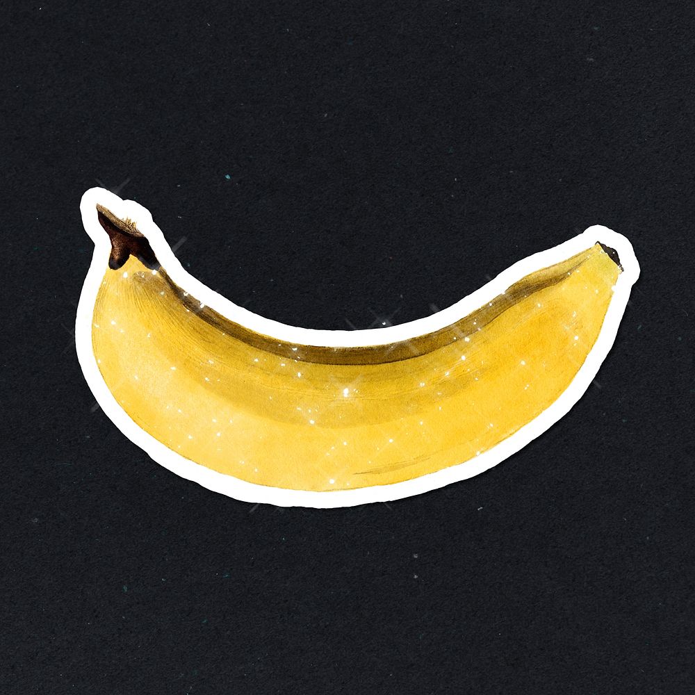 Hand drawn sparkling banana sticker with white border