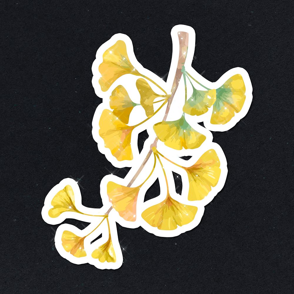 Hand drawn sparkling ginkgo flowers sticker with white border