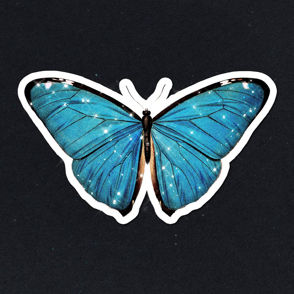 Sparkling blue butterfly sticker with white border