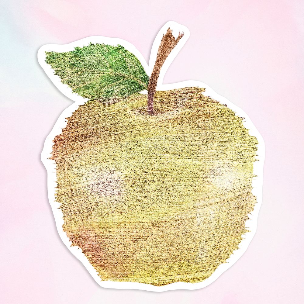 Golden apple watercolor style sticker illustration with white border