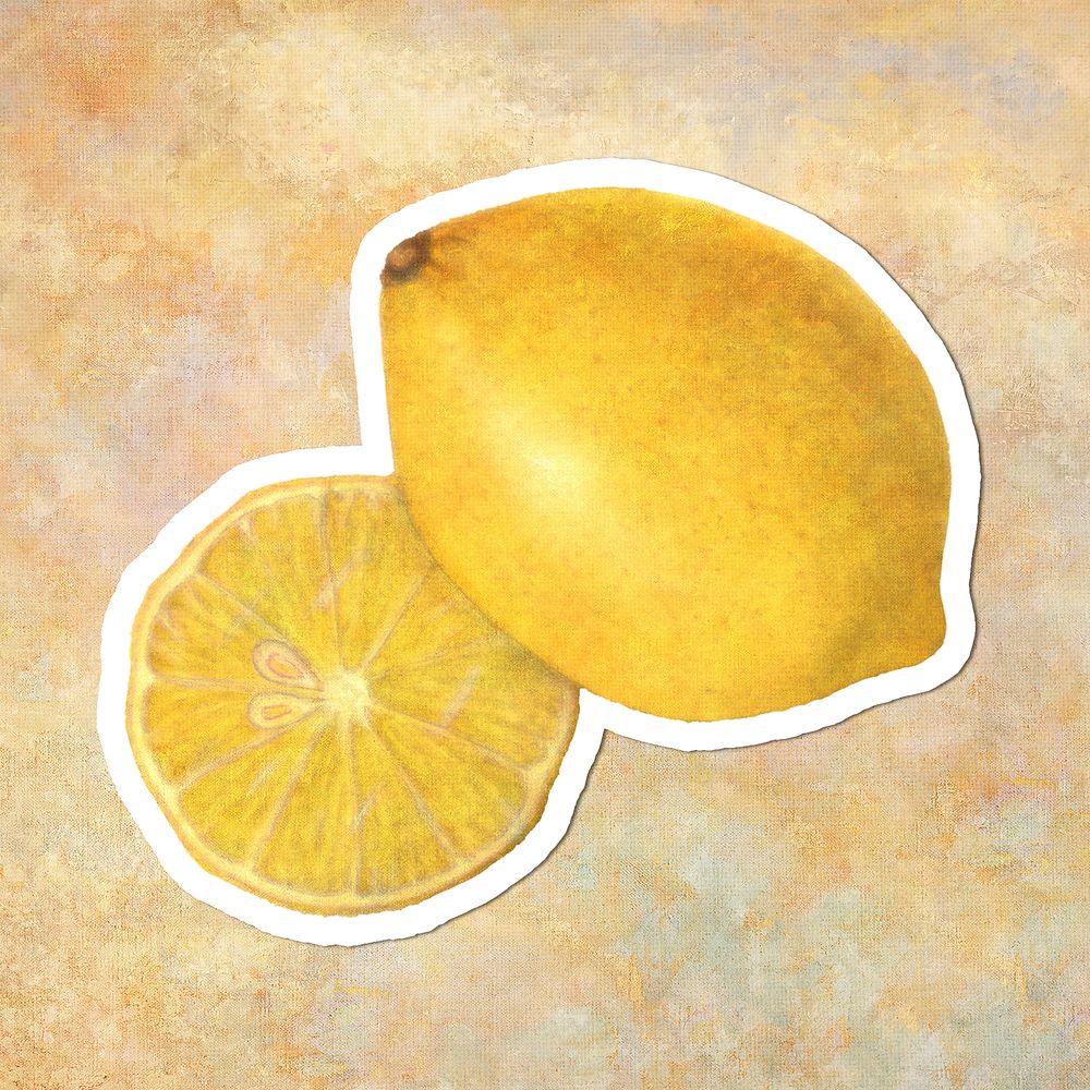 Hand drawn yellow lemon acrylic style sticker overlay with a white border