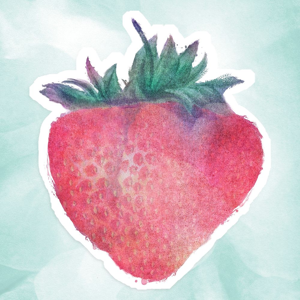 Hand drawn strawberry watercolor style sticker with white border