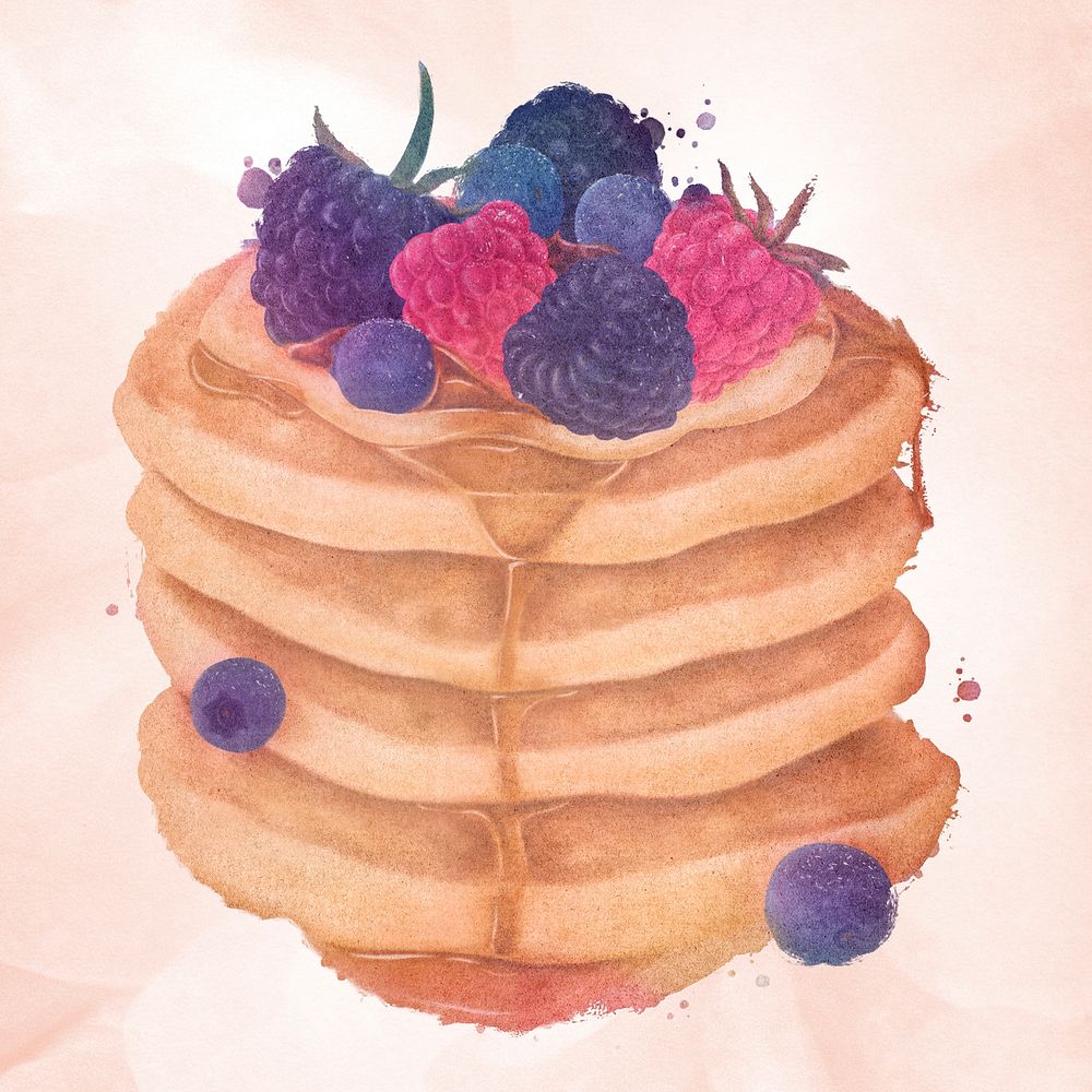 Hand drawn stack of pancakes topped with berries watercolor style design resource