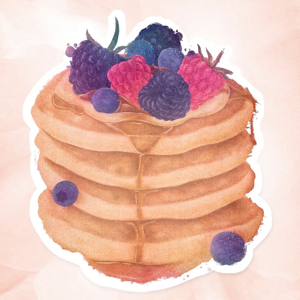 Hand drawn stack of pancakes topped with berries watercolor style sticker with white border