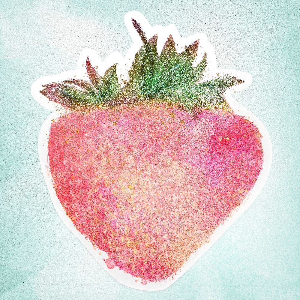 Glittery strawberry sticker design element with white border illustration