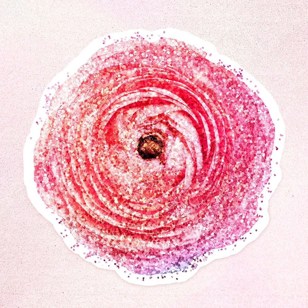 Glittery pink ranunculus flower sticker overlay with a white border design resource