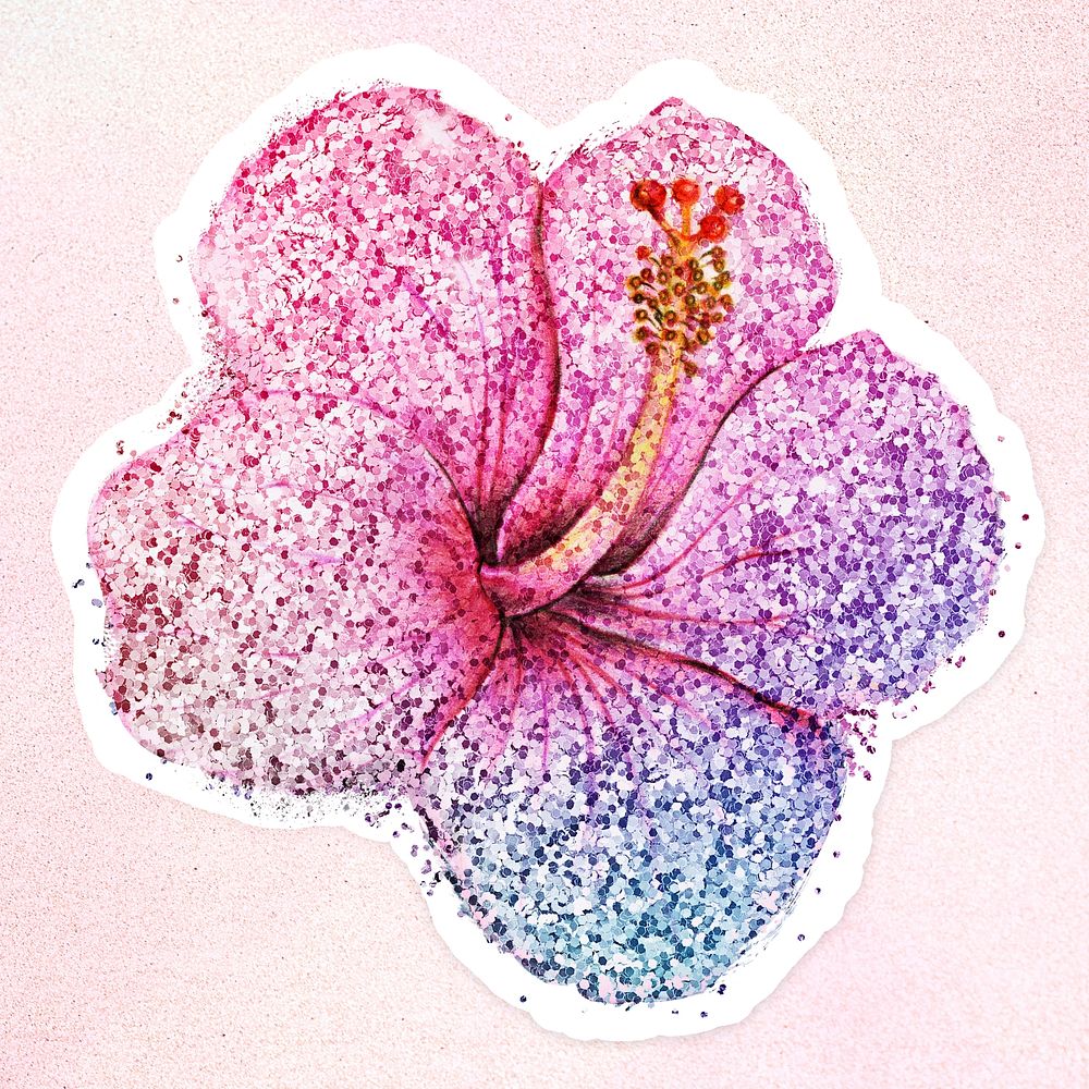 Glittery hibiscus flower sticker overlay with a white border design resource