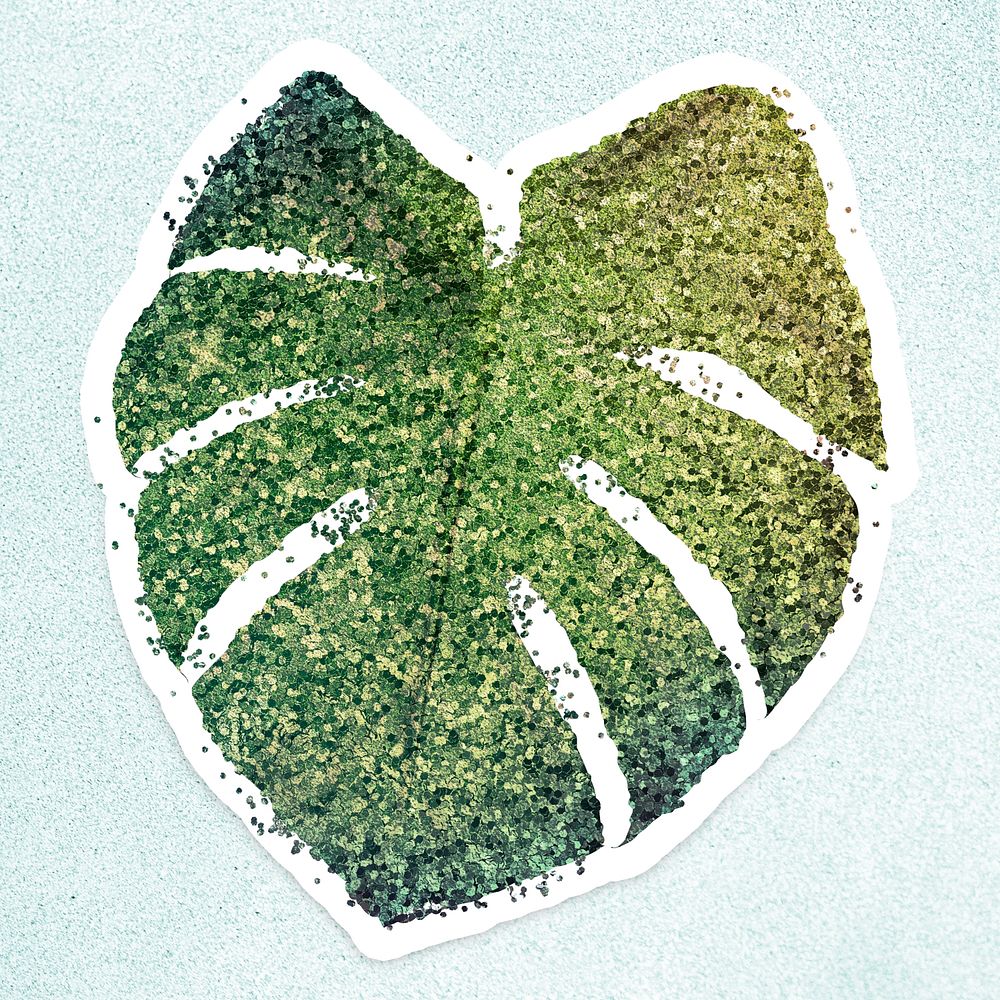 Glittery green monstera leaf sticker overlay with a white border design resource