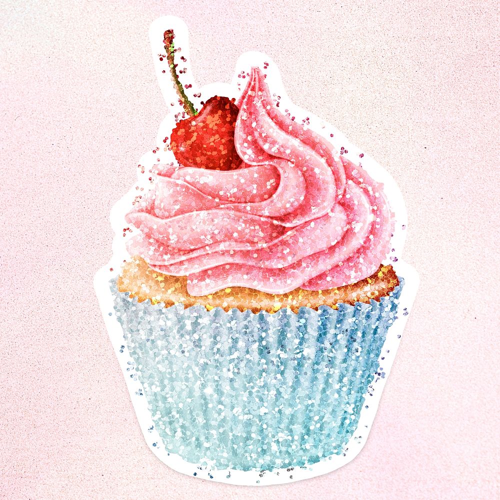 Glitter cherry cupcake sticker with white border