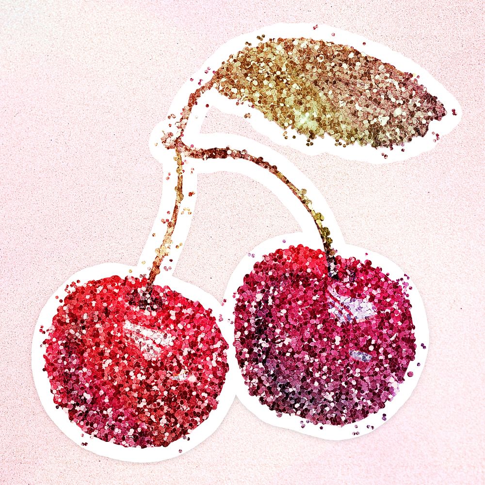 Glitter red cherry fruit sticker with white border