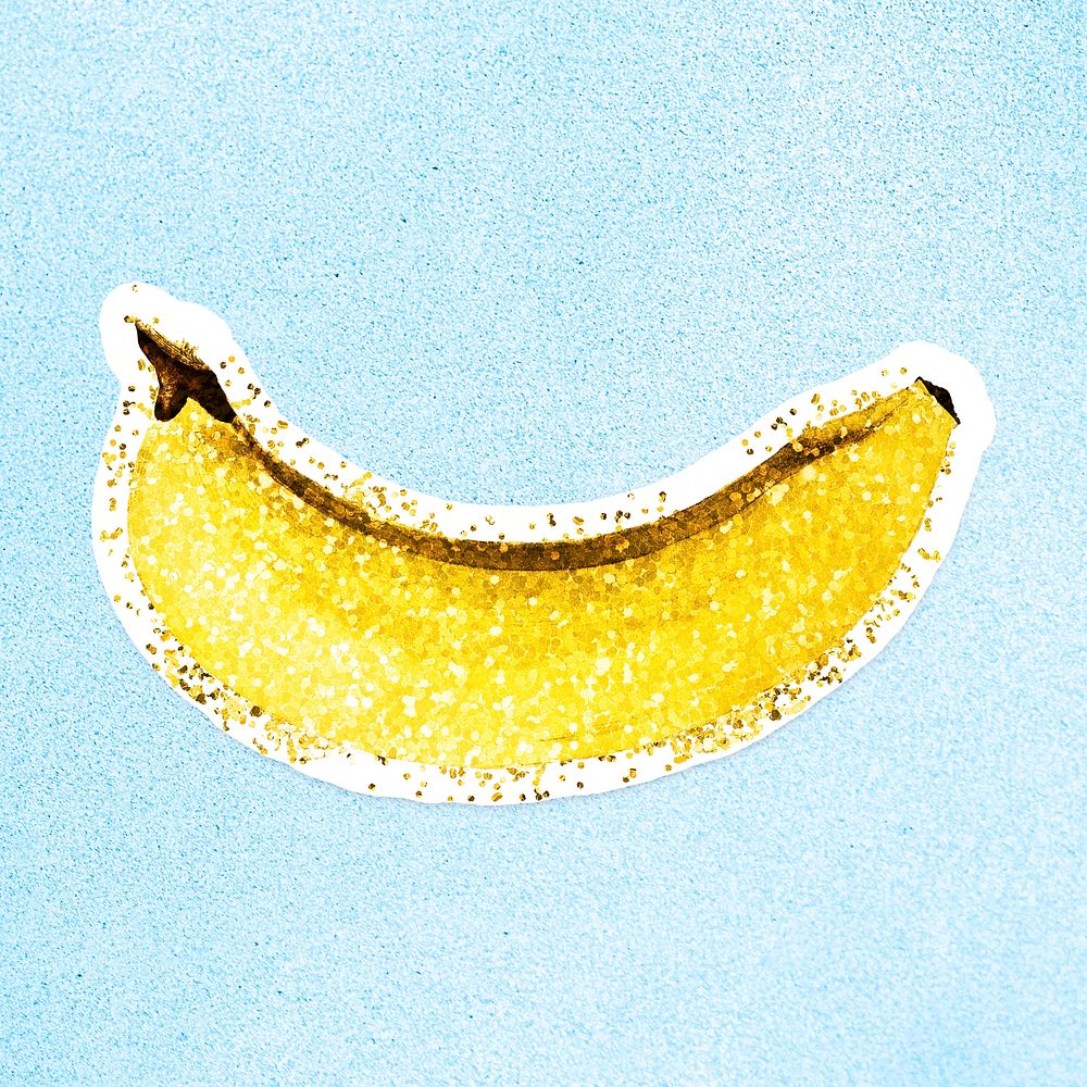 Glitter ripe banana fruit illustration with a white border sticker