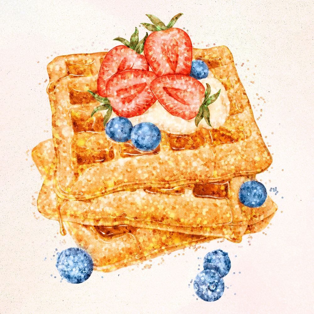 Glittery waffles topped with berries sticker overlay design resource 