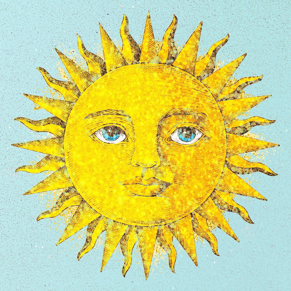 Glittery sun with a face sticker overlay on a blue background 