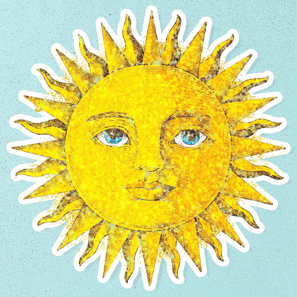 Glittery sun with a face sticker overlay with a white border on a blue background