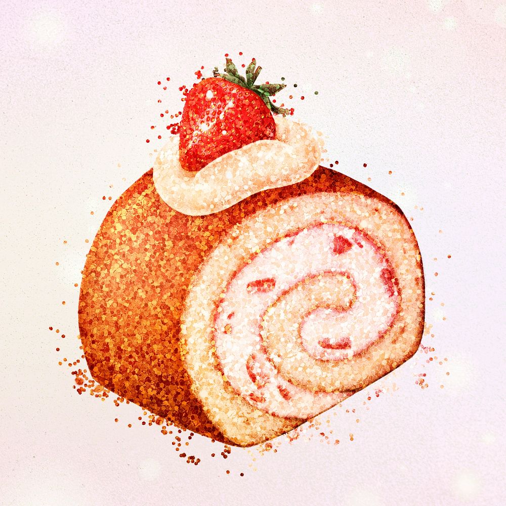 Glittery strawberry swiss roll cake sticker overlay on a pastel background 