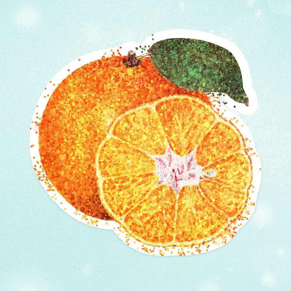 Glittery tangerine orange sticker overlay on a mint green background 