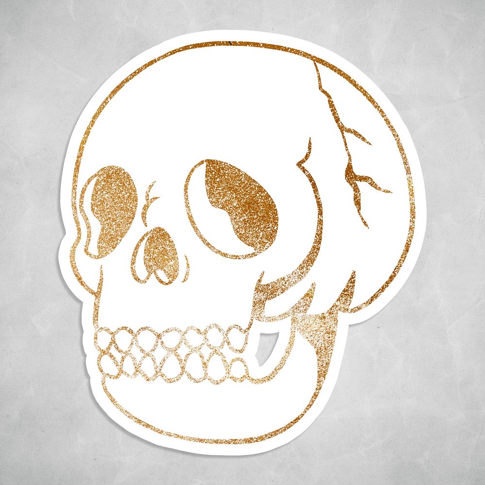 Glittery gold skull sticker with a white border