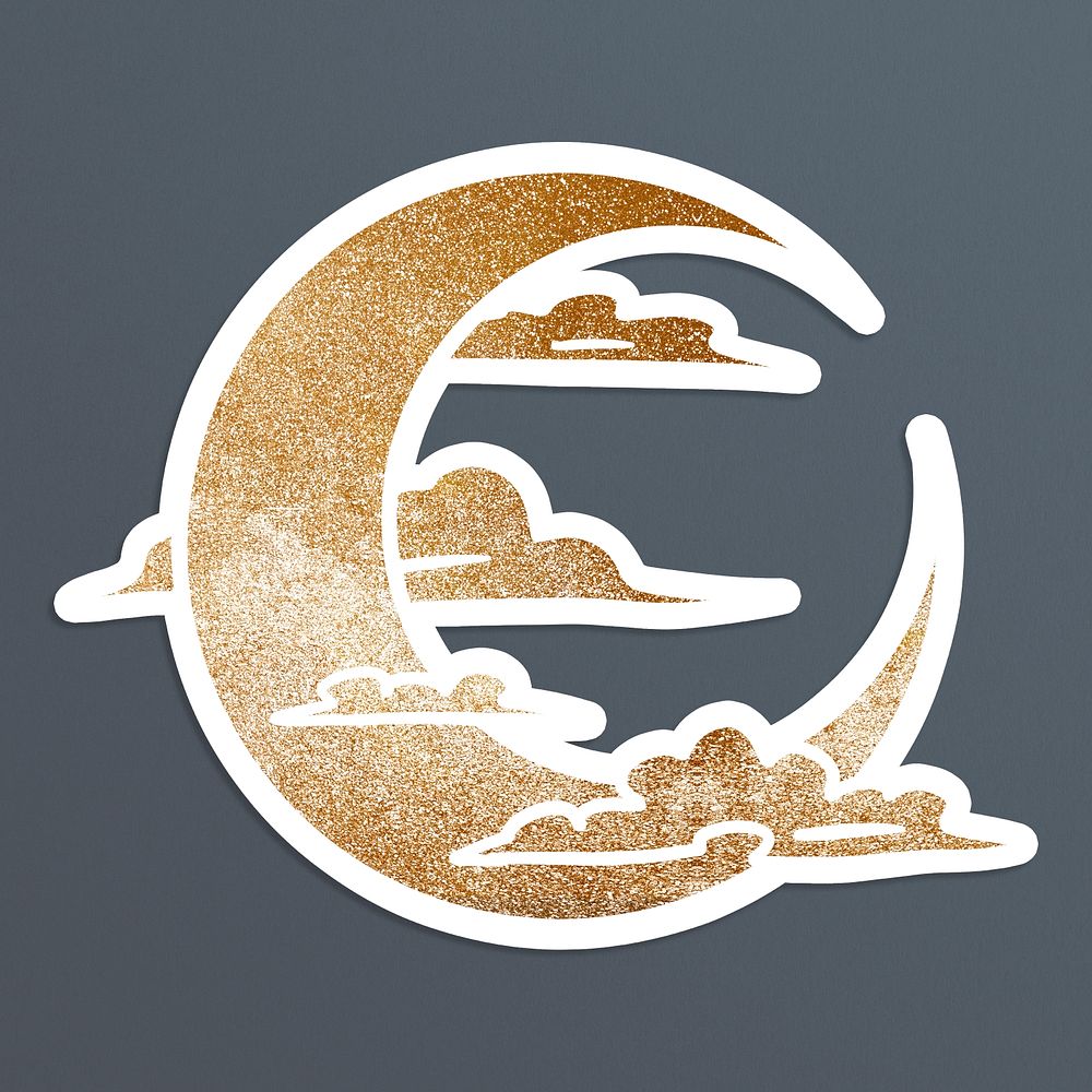 Shimmering golden crescent moon surrounded by clouds sticker overlay with a white border 