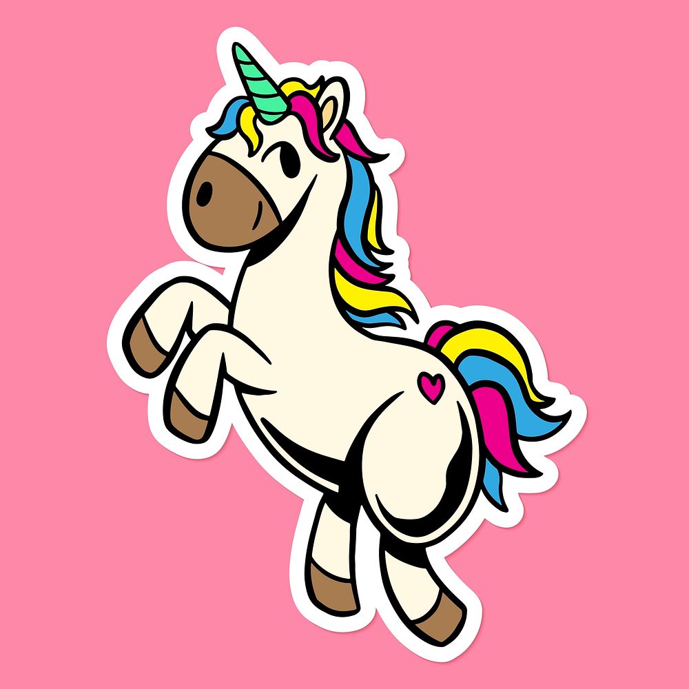 Colorful unicorn sticker overlay with a white border on a pink background design resource vector