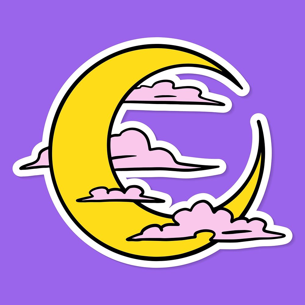 Crescent moon surrounded by clouds sticker overlay with a white border vector 