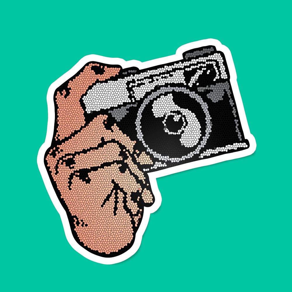 Mosaic analog camera sticker overlay on a green background design resource