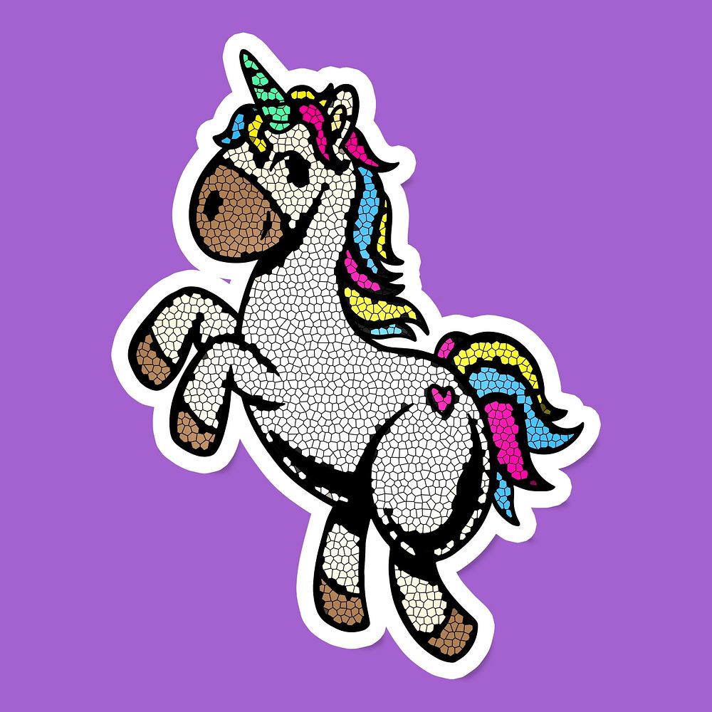 Colorful mosaic unicorn sticker overlay with a white border on a purple background design resource