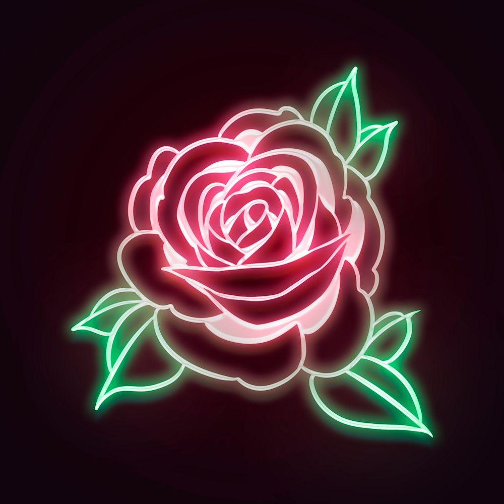 Neon rose flower outline sticker overlay on a black background 
