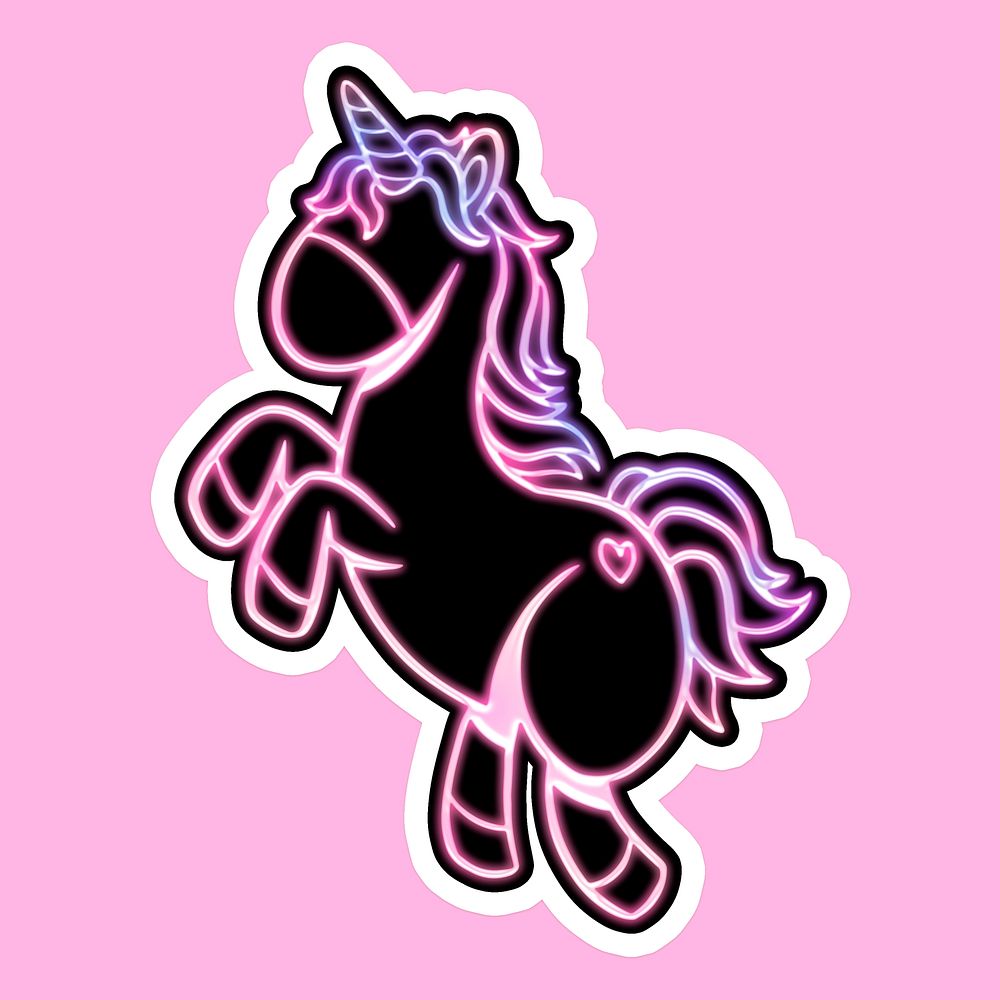 Neon pastel unicorn sticker overlay with a white border on a pink background design resource