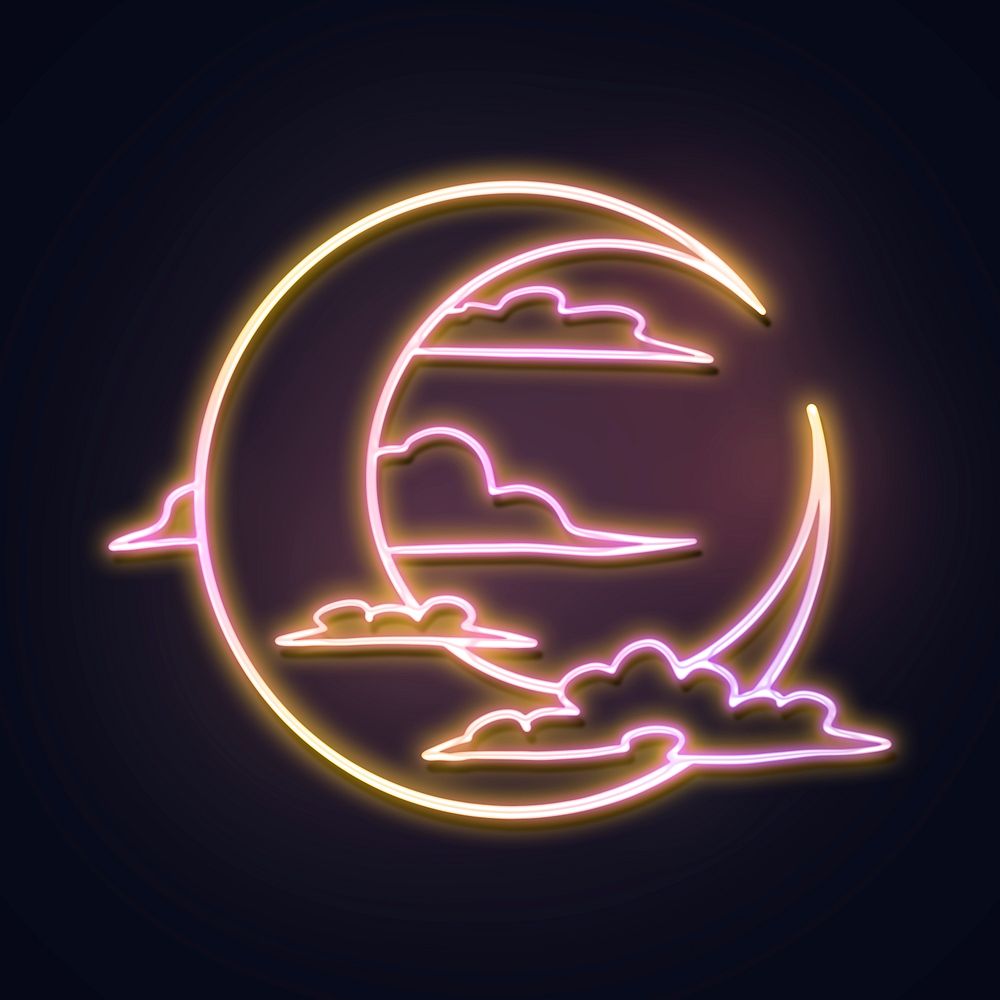 Neon crescent moon surrounded by clouds sticker overlay
