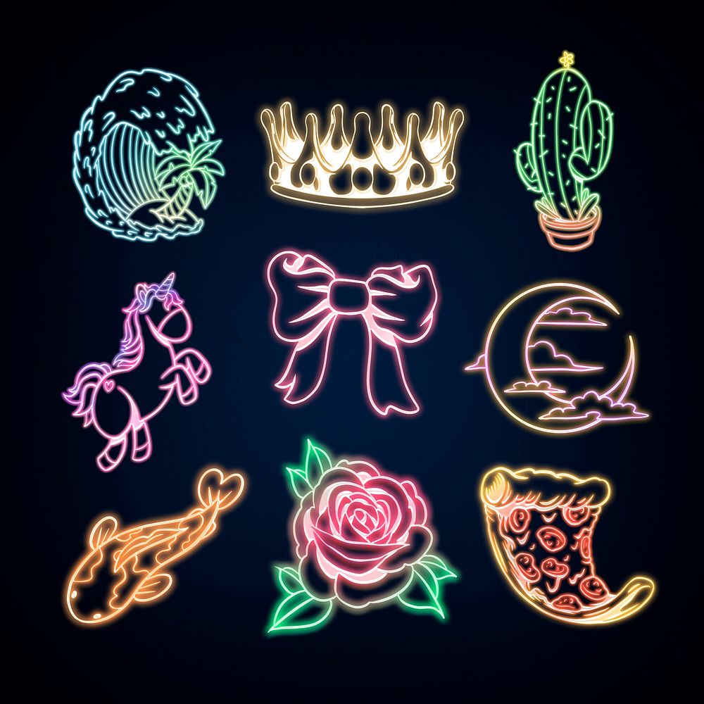 Colorful cute neon sticker collection design resources