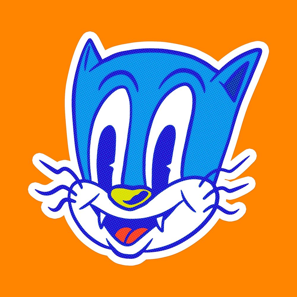 Blue cartoon cat sticker  with a white border