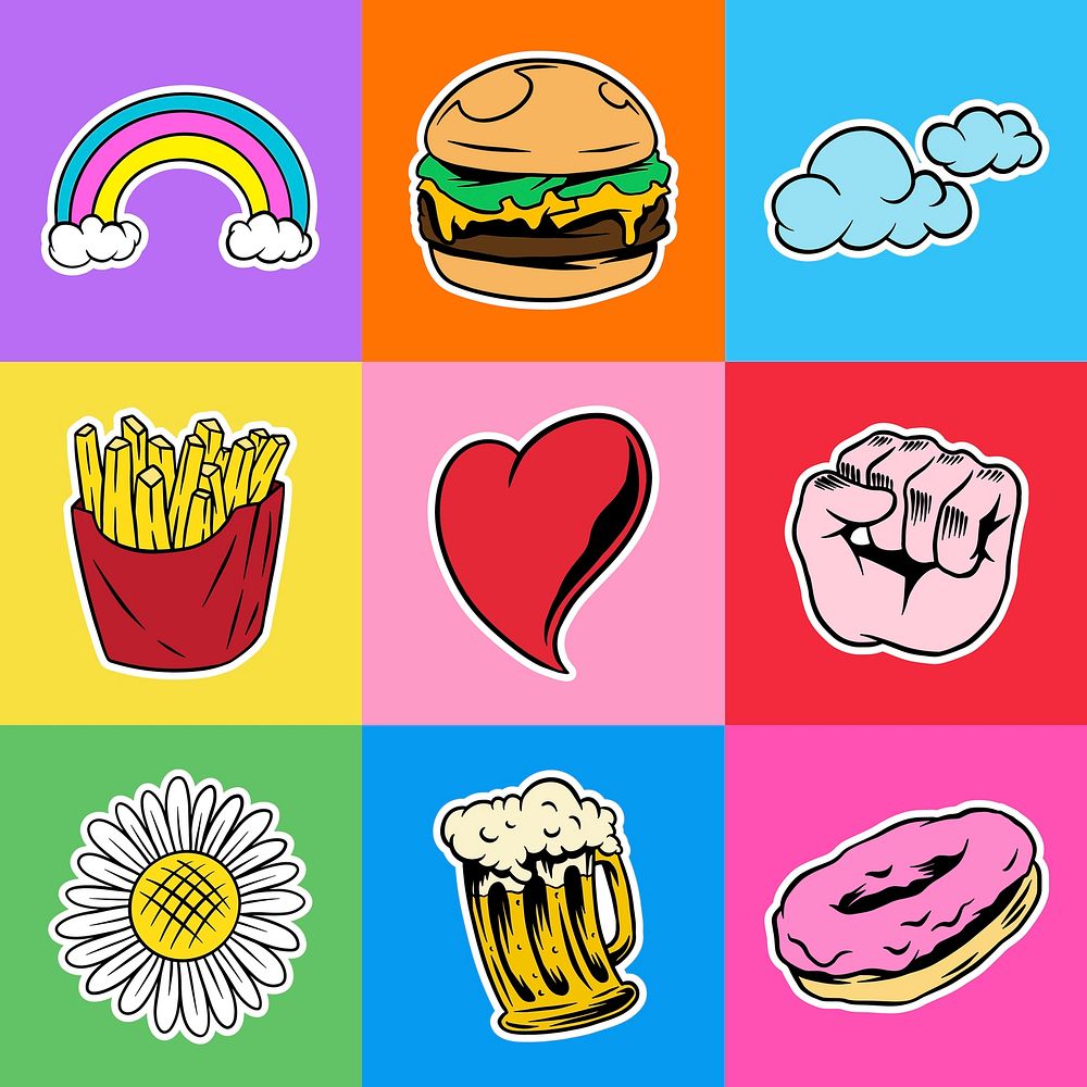 Cool pop art sticker with a white border set  vector