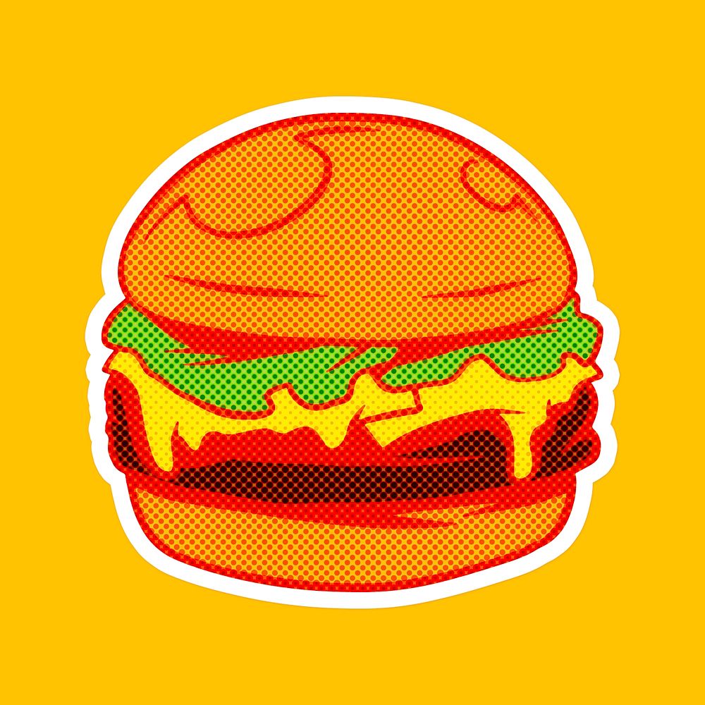 Pop art style hamburger sticker overlay with halftone effects design resource