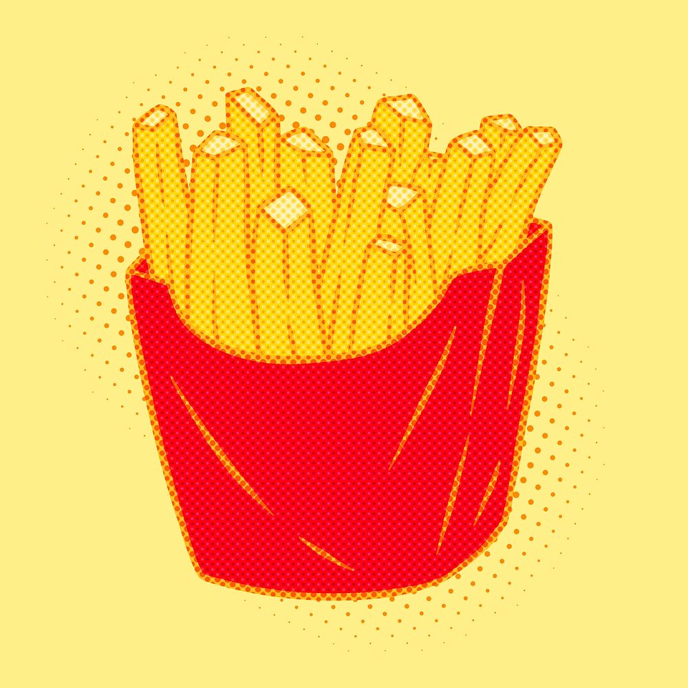 Pop art style french fries sticker overlay with halftone effects design resource