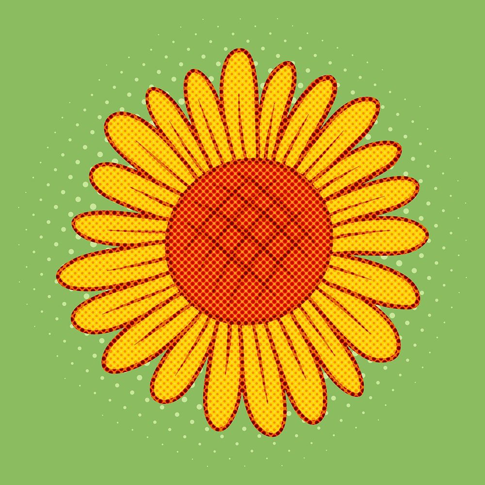 Pop art style sunflower sticker overlay with halftone effects design resource