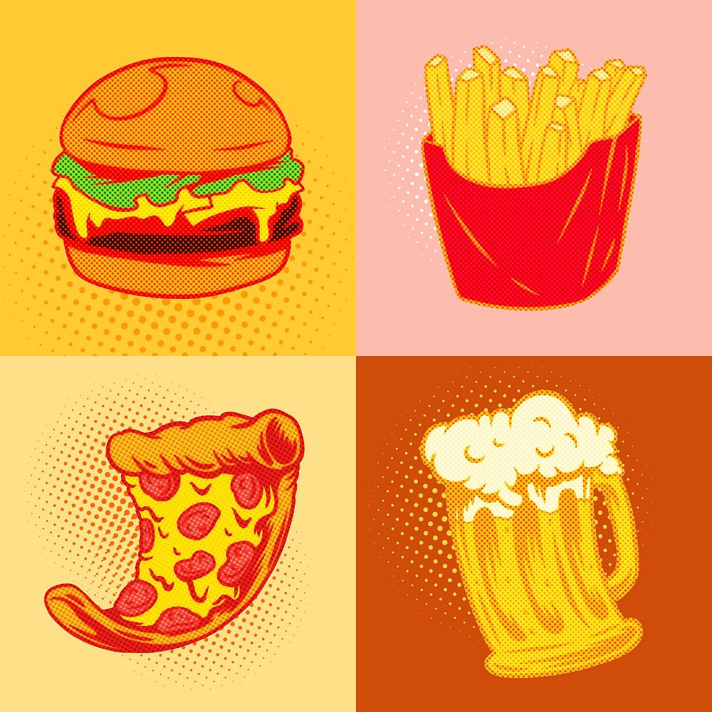 Pop art style junk food sticker set with halftone effects design resource