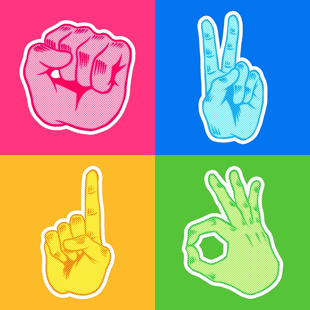 Pop art style colorful hand sign sticker set with halftone effects design resource