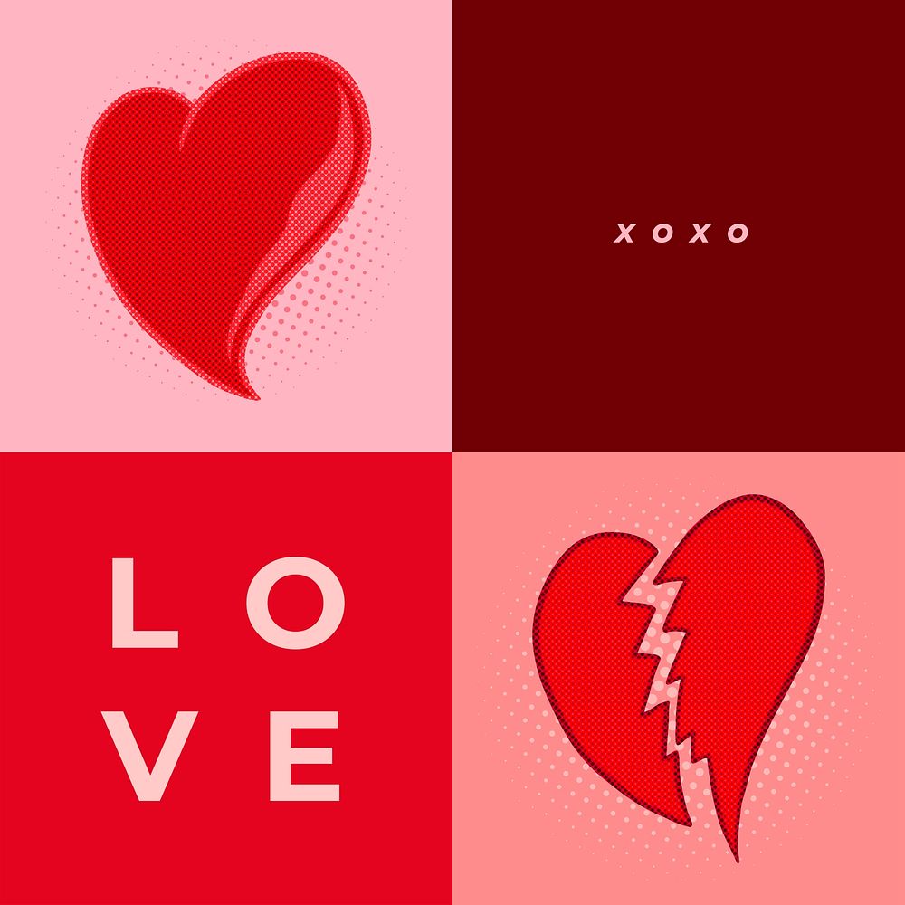 Pop art style cute valentines day sticker set with halftone effects design resource