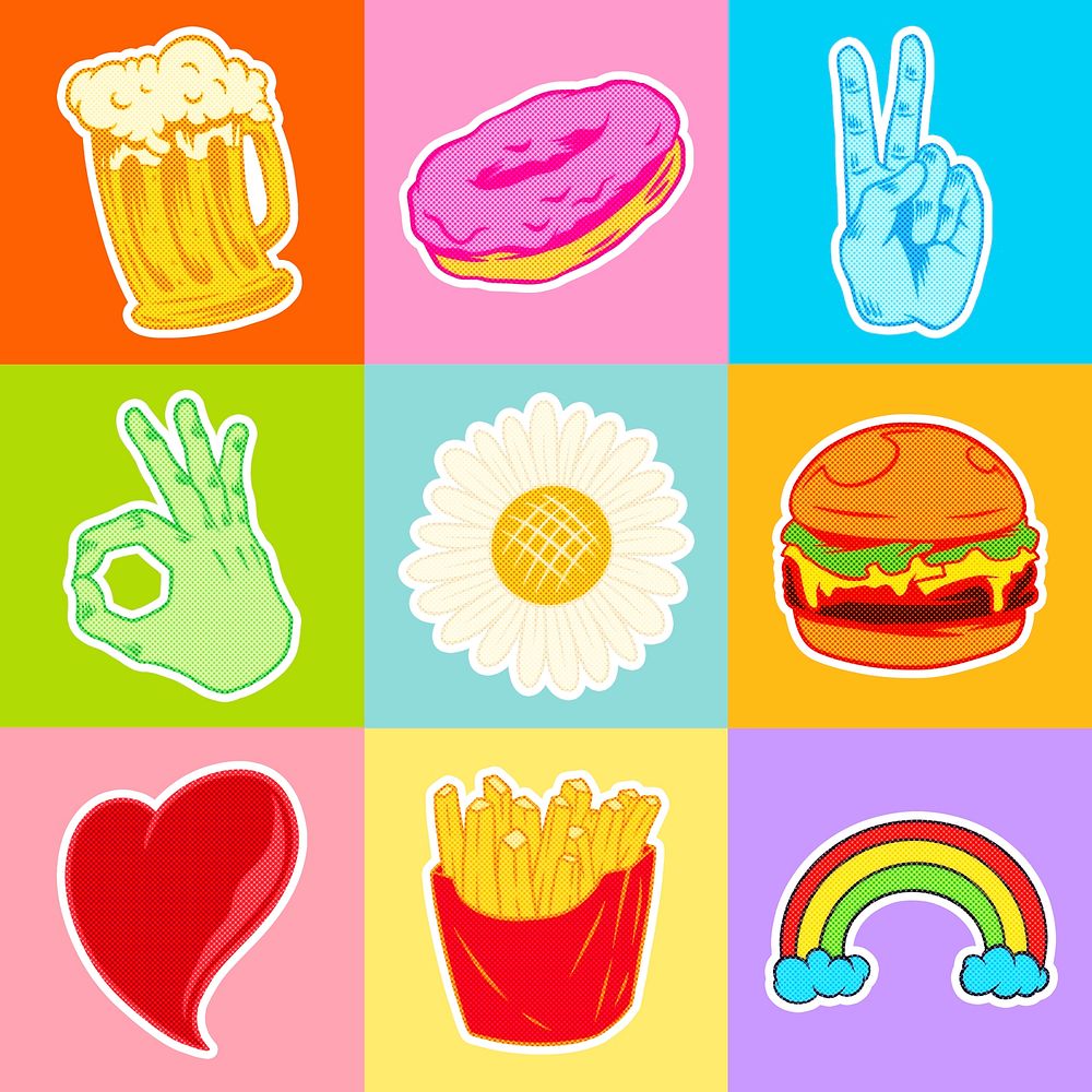 Pop art style cute sticker set sticker overlay with halftone effects design resources