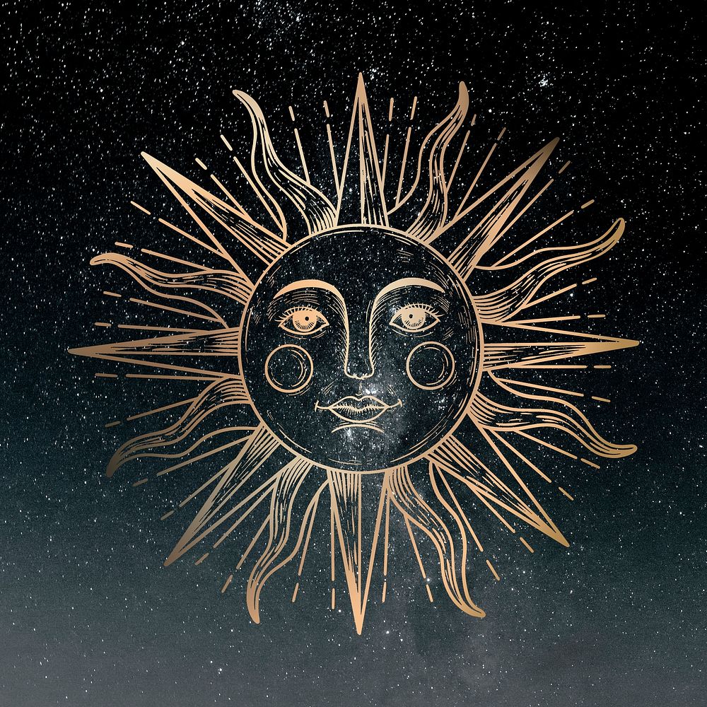 Golden sun with a face sticker overlay design resource 