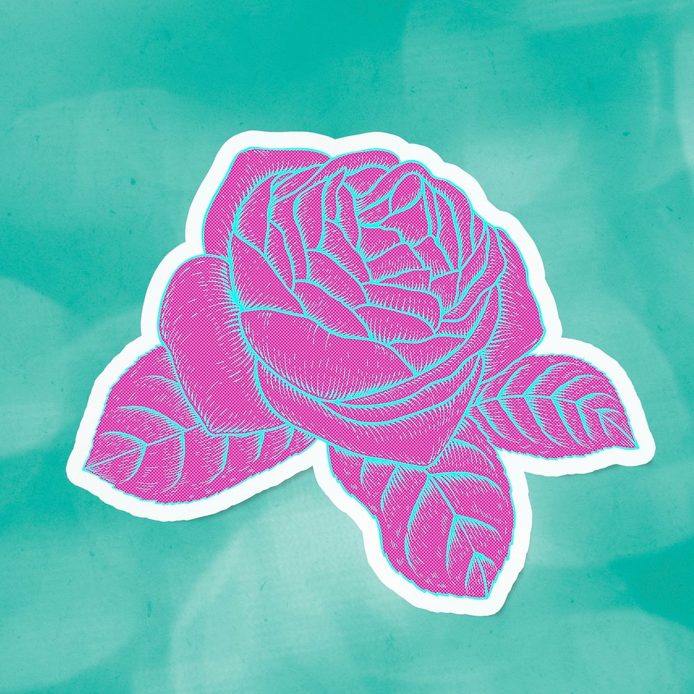 Funky neon rose flower sticker overlay on a turquoise background 